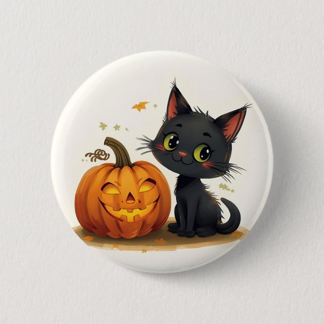 Badge Rond 5 Cm Chat mignon avec Citrouille sculpté (Devant)