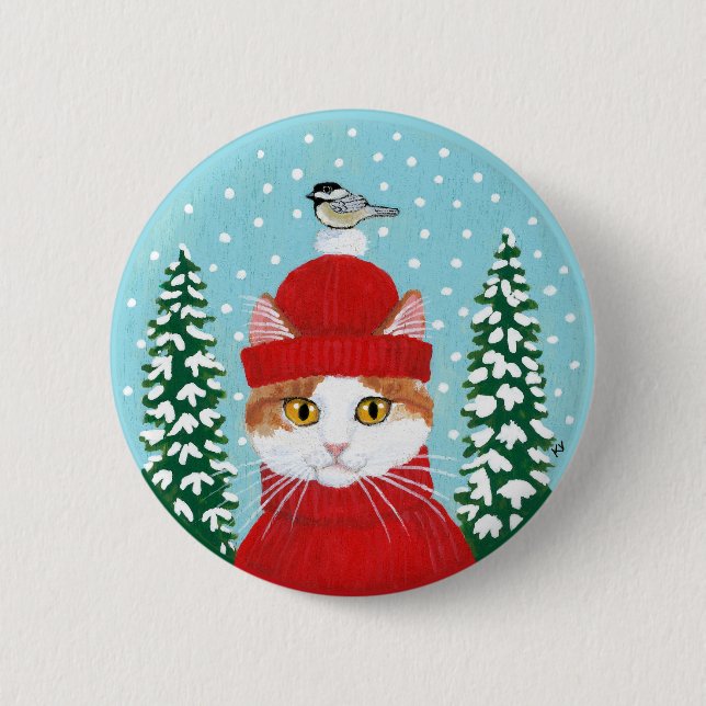 Badge Rond 5 Cm Chat mignon, oiseau hiver neige bouton (Devant)