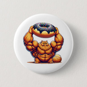 Badge Rond 5 Cm Chat Musclé qui Soulève un Beignet