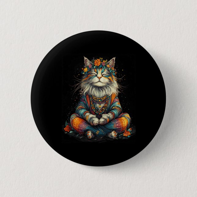 Badge Rond 5 Cm Chat Mystique en Méditation - Artwork Boho Zen - Y (Devant)