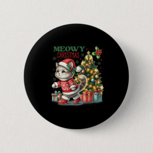 Badge Rond 5 Cm Chat Noël Père Noël Chapeau Et Arbre Drôle Meowny