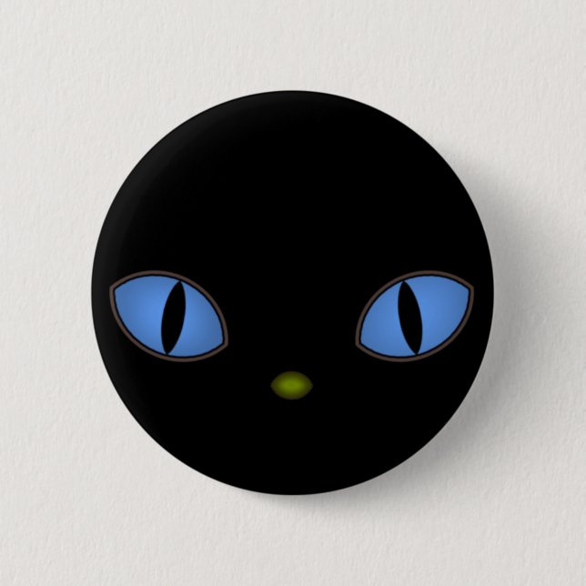 Badge Rond 5 Cm Chat Noir Avec Grands Yeux Bleus (Devant)