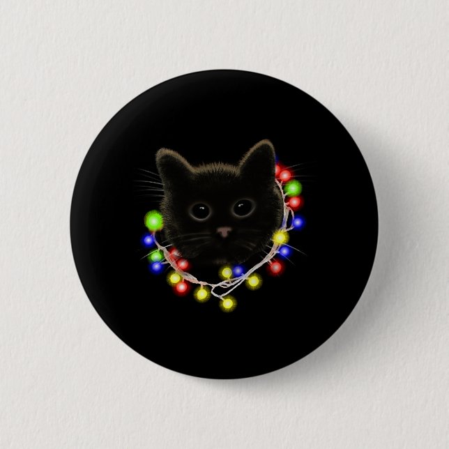 Badge Rond 5 Cm Chat noir avec lumières de Noël (Devant)