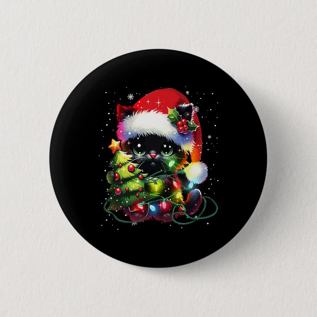 Badge Rond 5 Cm Chat Noir Chat Père Noël Tangé À Noël T (Devant)