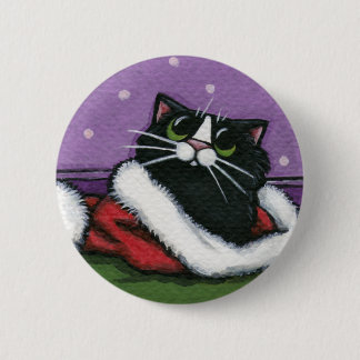 Badge Rond 5 Cm Chat noir dans le casquette de Noël - bouton d'art