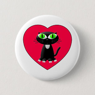 Badge Rond 5 Cm Chat noir dans le coeur rouge