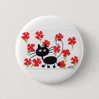 Badge Rond 5 Cm Chat noir de bande dessinée et fleurs rouges