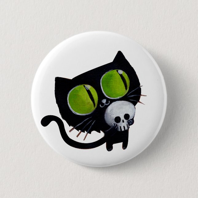 Badge Rond 5 Cm Chat noir de Halloween avec le crâne (Devant)