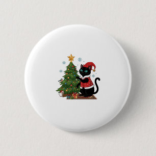 Badge Rond 5 Cm Chat noir de Noël chapeau de Père Noël arbre souri