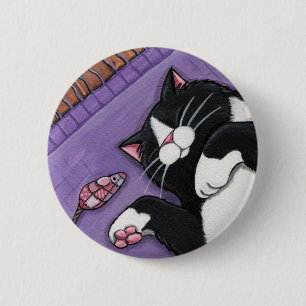 Badge Rond 5 Cm Chat noir de sommeil et souris de jouet - bouton