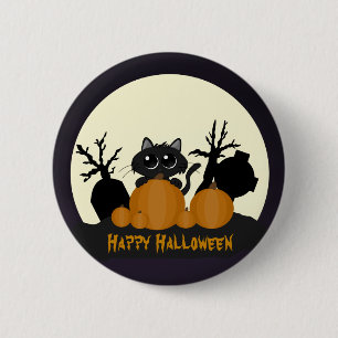 Badge Rond 5 Cm Chat noir d'Halloween avec Citrouilles dans un cim