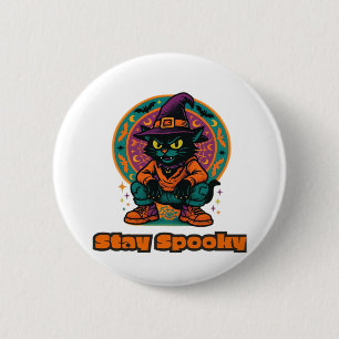 Badge Rond 5 Cm Chat noir d'Halloween - Restez Éffrayant Chat rétr