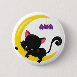 Badge Rond 5 Cm Chat noir et chauve-souris d'Halloween sur un croi