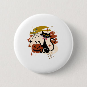 Badge Rond 5 Cm Chat noir et Halloween rétro atomique Citrouille