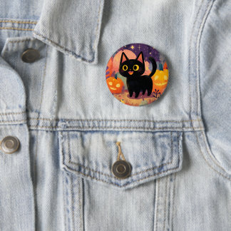 Badge Rond 5 Cm Chat noir mignon avec Jack-o’-Lanterns - Bouton