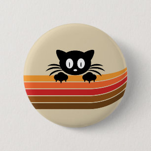 Badge Rond 5 Cm Chat noir mignon avec rayures rétro