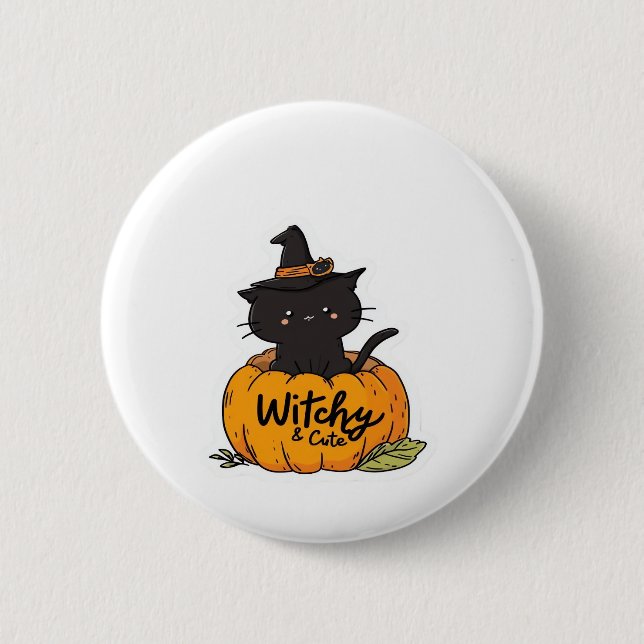 Badge Rond 5 Cm Chat noir mignon en citrouille avec casquette sorc (Devant)