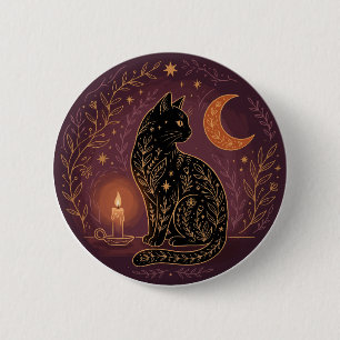 Badge Rond 5 Cm Chat noir mystique, sorcière céleste Halloween