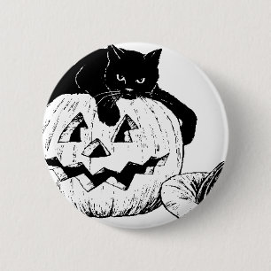Badge Rond 5 Cm Chat Noir Sur Un Citrouille