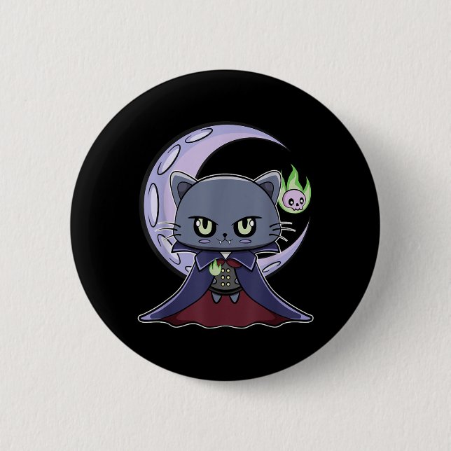 Badge Rond 5 Cm Chat noir vampire Dracula et feu magique pour (Devant)