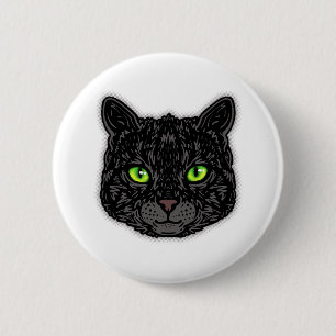 Badge Rond 5 Cm Chat Noir Visage Aux Yeux Verts Animal à la Mode