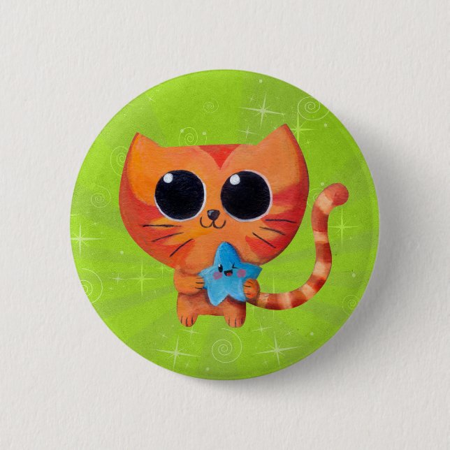 Badge Rond 5 Cm Chat orange mignon avec l'étoile (Devant)