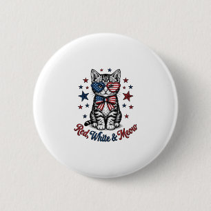 Badge Rond 5 Cm Chat Patriotique Rouge Blanc et Meow Design Vintag