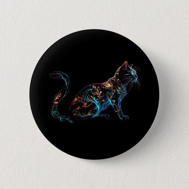 Badge Rond 5 Cm Chat Plasma sur noir dans des couleurs vives (Devant)
