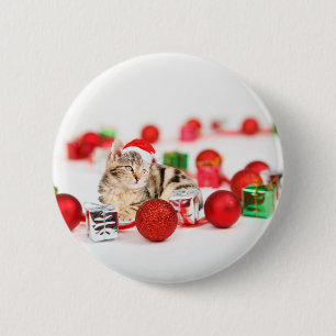Badge Rond 5 Cm Chat portant le chapeau rouge du Père Noël