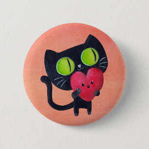 Badge Rond 5 Cm Chat romantique étreignant le coeur mignon rouge