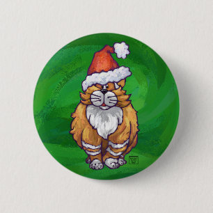 Badge Rond 5 Cm Chat roux de Noël sur fond vert