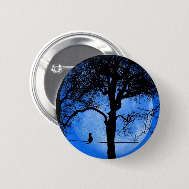 Badge Rond 5 Cm Chat sur une lune bleue fil (Devant & derrière)
