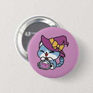 Badge Rond 5 Cm Chat Tabby Halloween – Chapeau de Sorcière & Art d