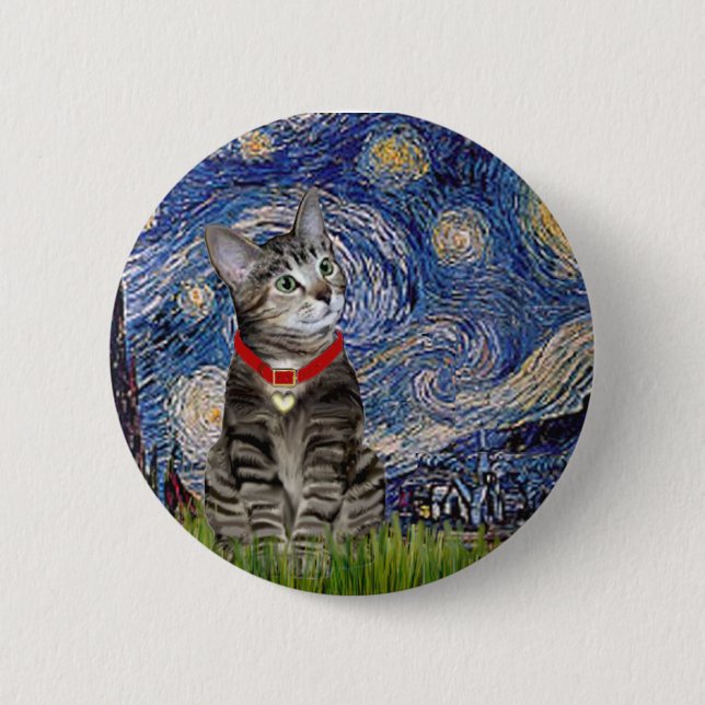 Badge Rond 5 Cm CHAT (Tigré2) - Nuit étoilée (Devant)
