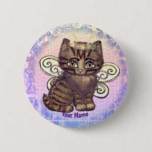 Badge Rond 5 Cm Chat tigré brun Fée épingle