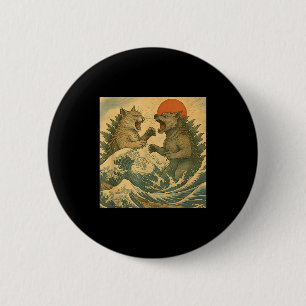 Badge Rond 5 Cm Chat Vs Kaiju Monstre Chien Style Ukiyo-e Japonais