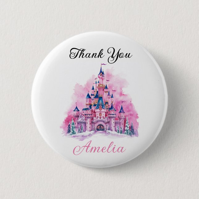 Badge Rond 5 Cm Château rose Aquarelle 1er Anniversaire Merci (Devant)