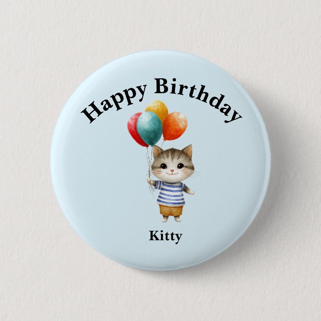 Badge Rond 5 Cm Chaton avec ballons d'anniversaire | Célébration d (Devant)