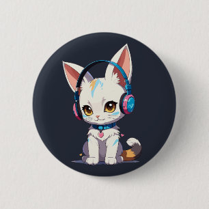 Badge Rond 5 Cm Chaton Mignon avec Casque de Musique Élégant