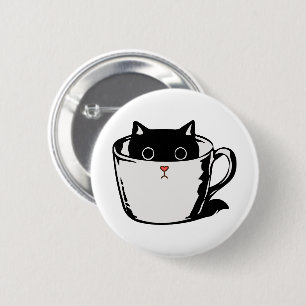 Badge Rond 5 Cm Chaton noir avec nez rouge caché dans une tasse