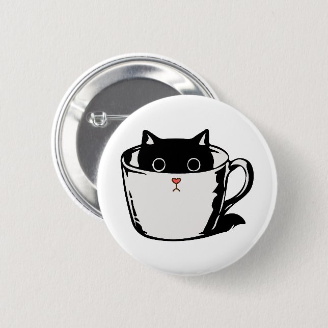 Badge Rond 5 Cm Chaton noir avec nez rouge caché dans une tasse (Devant & derrière)