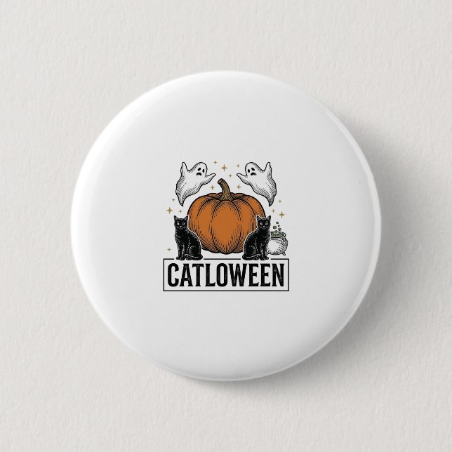 Badge Rond 5 Cm Chatoween Chat Noir Fantôme Halloween Conception V (Devant)