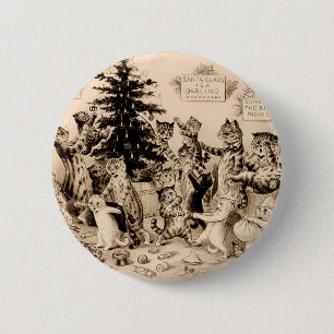 Badge Rond 5 Cm Chats Décorant L'Arbre De Noël Par Louis Wain