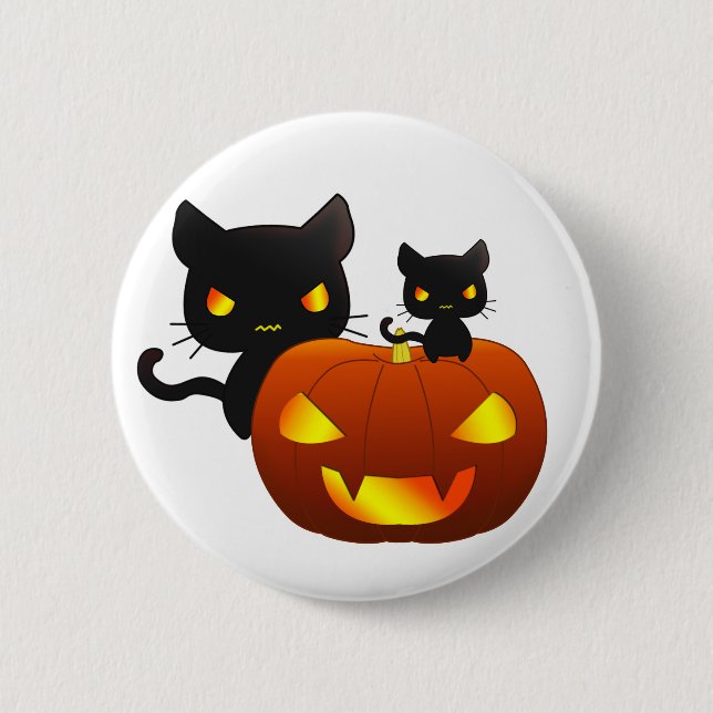 Badge Rond 5 Cm Chats noirs de Kawaii et citrouille de Halloween (Devant)