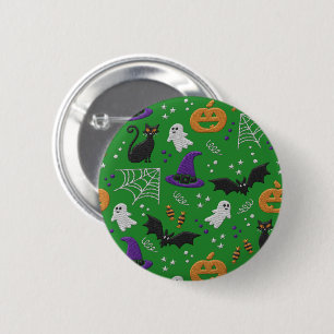 Badge Rond 5 Cm Chats noirs Fantômes chauves-souris Motif vert Hal