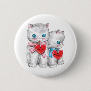 Badge Rond 5 Cm Chats Rétro de la Saint-Valentin, Chatons Fluffy V