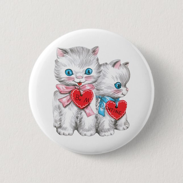 Badge Rond 5 Cm Chats Rétro de la Saint-Valentin, Chatons Fluffy V (Devant)