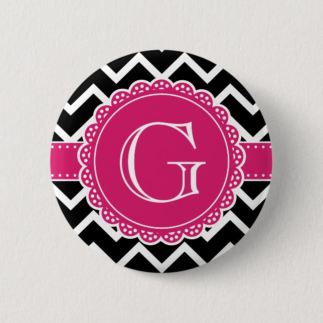 Badge Rond 5 Cm Chaud rose Fleur Monogramme noir Chevron (Devant)