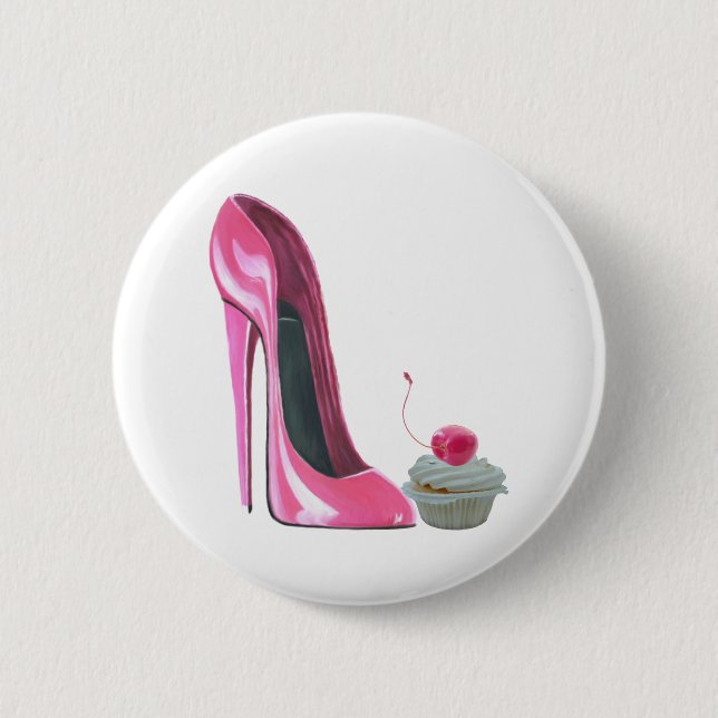Badge Rond 5 Cm Chaussure et petit gâteau stylets roses (Devant)