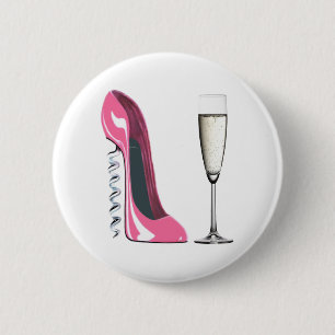 Badge Rond 5 Cm Chaussure stylet de tire-bouchon rose et verre de